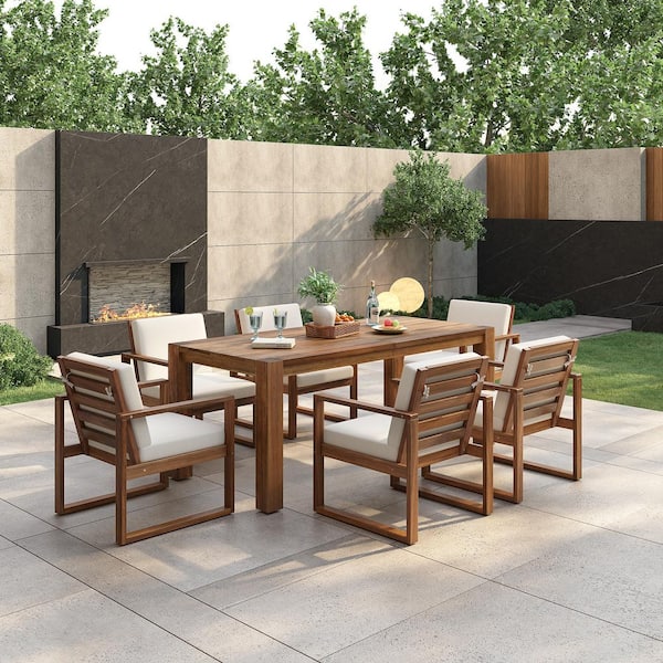 TIRAMISUBEST Beige and Mocha 7-Piece Wood Outdoor Dining Set with Beige Cushions ​