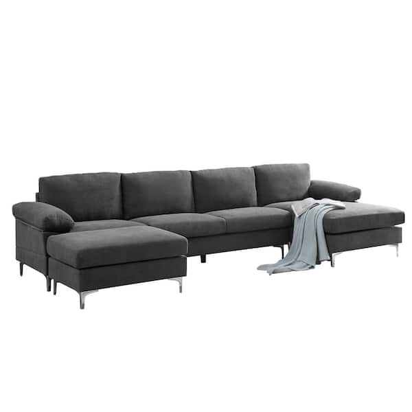 112 Wide Large Modern Upholstered L-Shaped Sectional Sofa with 4 Cushions, Mode - LightGrey
