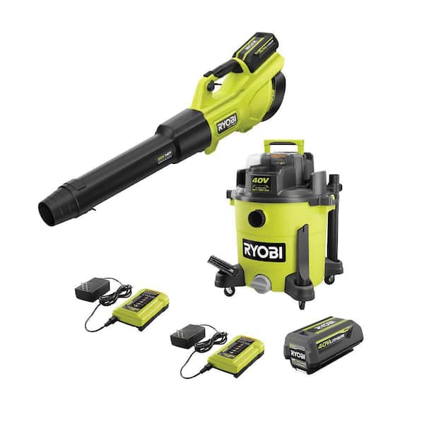 RYOBI 40V 10 Gal. Cordless Wet/Dry Vacuum with 40V HP Brushless Whisper Series Leaf Blower, (2) Batteries, and (2) Chargers