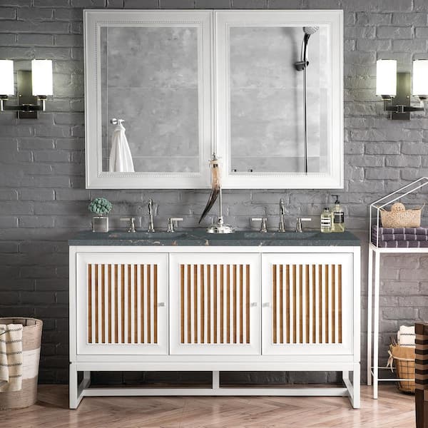 James Martin Vanities Athens 60.0 in. W x 23.5 in. D x 34.5 in. H Double Bath Double Vanity in Glossy White with Parisien Bleu Quartz Top