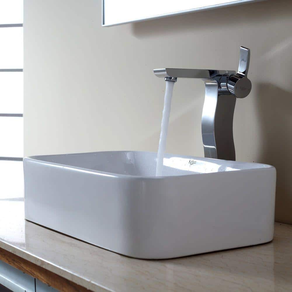 White Ceramic Rectangular Above-Counter Vessel Sink with Chrome Drain