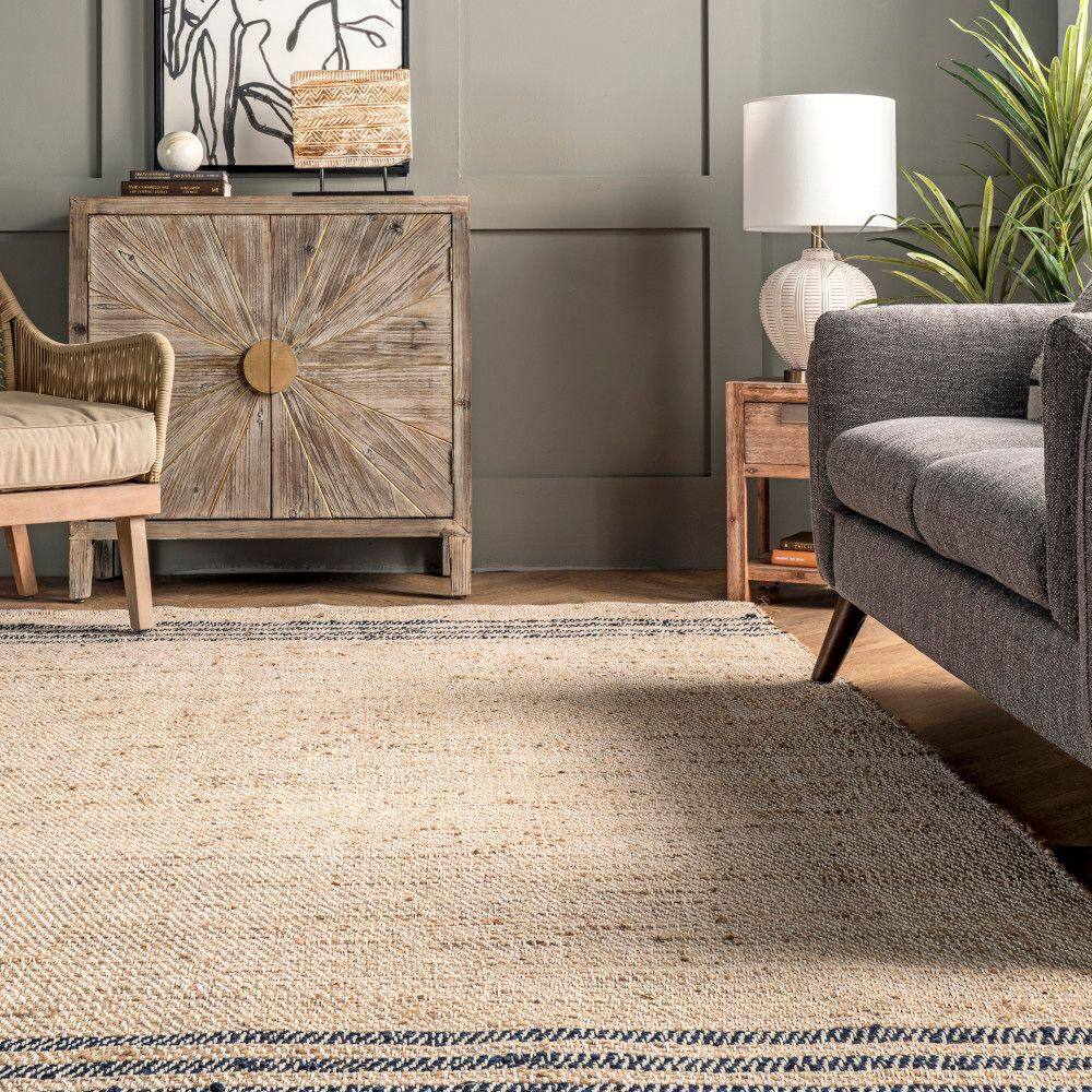 Natural Jute Flatwoven Area Rug with Blue Stripes, 5' x 8'