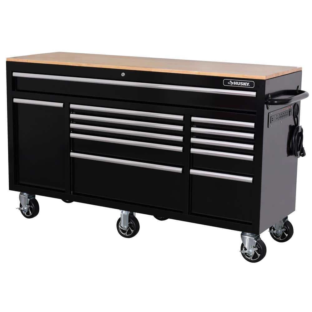 Husky 62 in. W x 20 in. D 12-Drawer Gloss Black Mobile Workbench Cabinet with Solid Wood Top and Power Drawer -  H62MWC12BLK