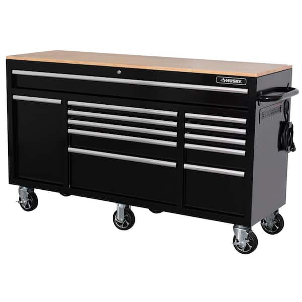 Husky 62 in. W x 20 in. D 12-Drawer Gloss Black Mobile Workbench Cabinet with Solid Wood Top and Power Drawer
