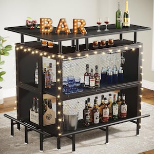 Kearsten Black L-Shaped Home Bar Unit, Liquor Bar Table with Stemware Racks and 2-Tier Shelves