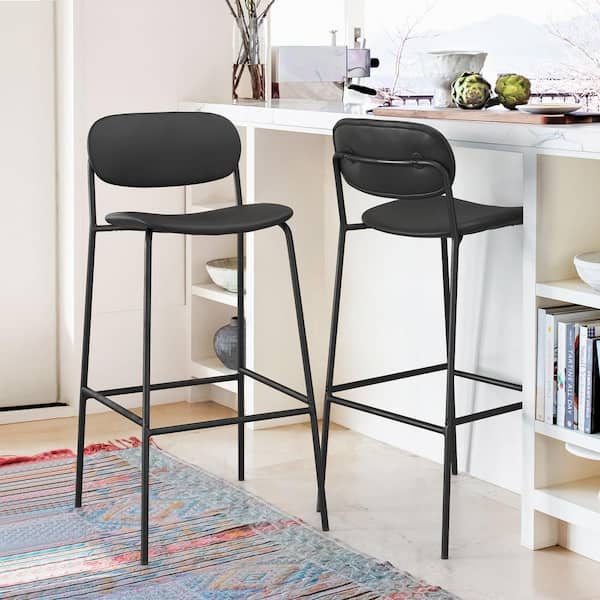 LUE BONA 38.18 in. Black Low Back Faux Leather Bar Stools with Metal Frame(Set of 2)