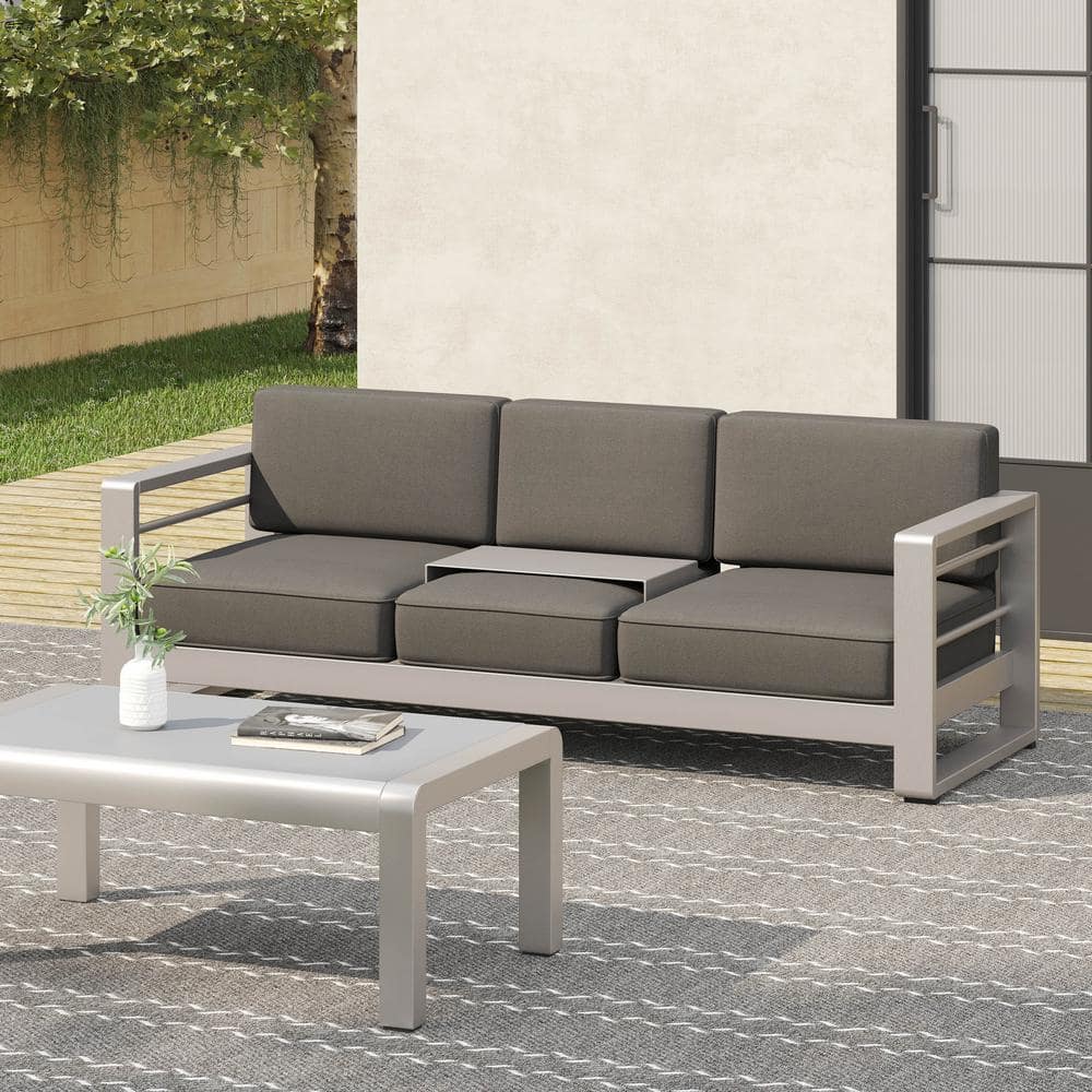 Silver Aluminum Three-Seater Outdoor Sofa with Gray Cushions