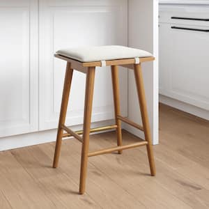 Barker 25 in. Counter Height Wood Bar Stool w/ Upholstered Cushion, Backless Island Stool, Cream Boucle/Brown
