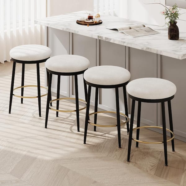 Alvara 24.75 in. Upholstered Metal Counter Stools with Footrest, White + Black + Gold, (Set of 4)