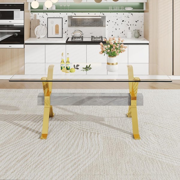 Polibi Modern Rectangle Clear Glass Pedestal Dining Table Seats for 6 (79.00 in. L x 30.00 in. H)