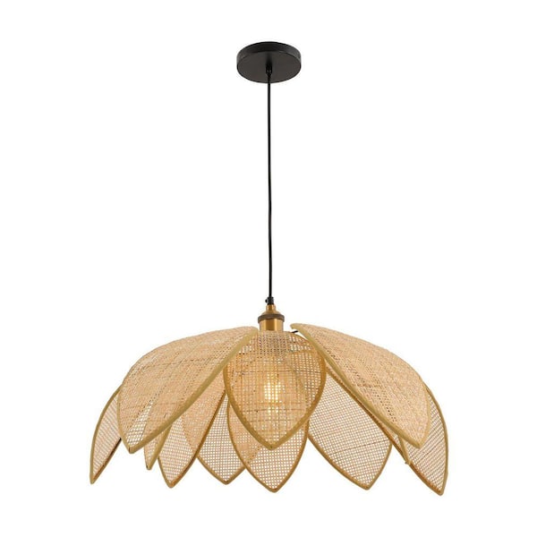1 Light Wood Color Petal Rattan Shaded Pendant Light with Adjustable Height and Hand-Weaving Shade, No Bulbs Included