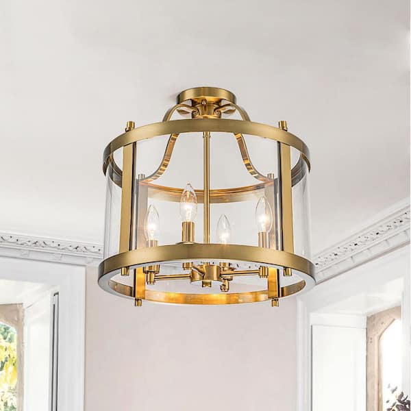 15.7 in. 4-Light Modern Drum Brushen Gold Semi-Flush Mount with Clear Glass Shade for Kitchen Bedroom Foyer Dining Room