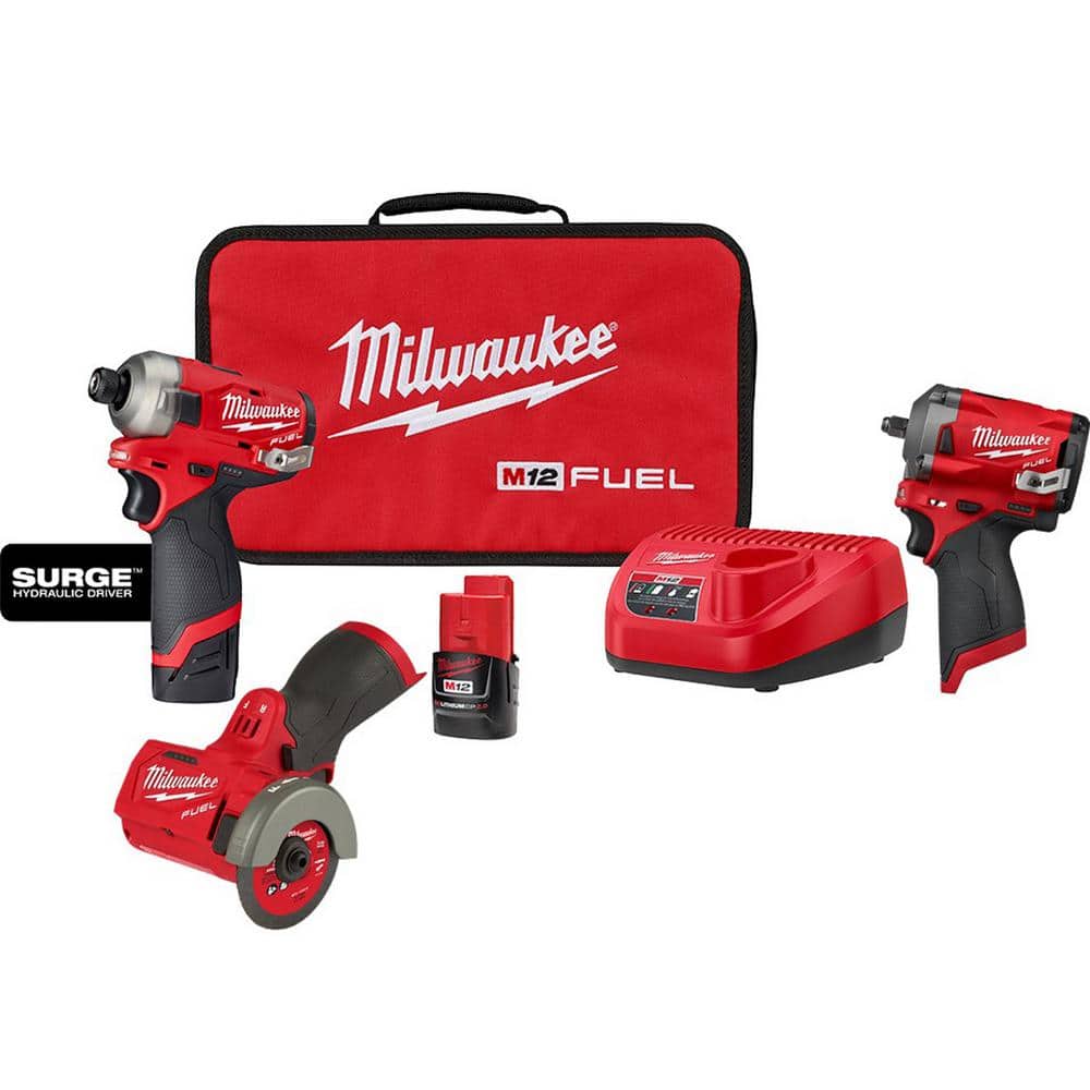 Milwaukee M12 FUEL SURGE 12V Lithium-Ion Brushless Cordless 1/4"" Hex Impact Driver Kit w/M12 FUEL Impact Wrench & Cutoff Saw