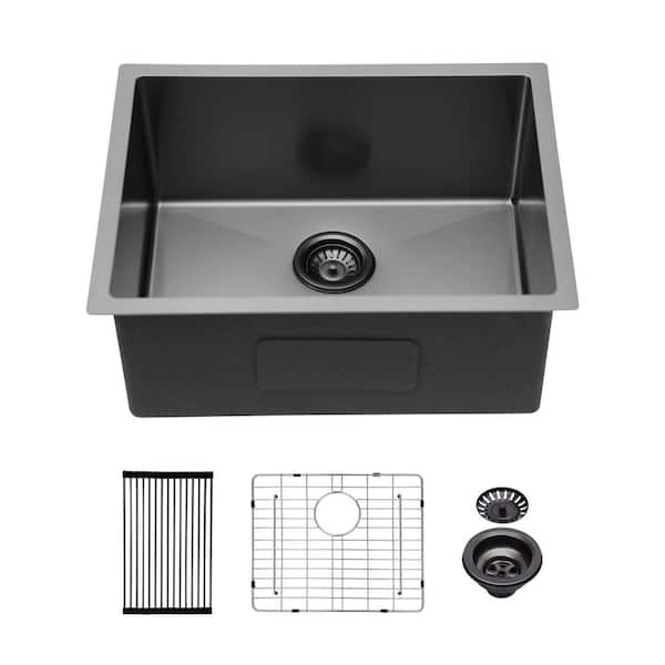 Undermount Sink 23 in. x 18 in. Single Bowl Kitchen Sink in 16-Gauge Stainless Steel Gunmetal Black with Accessories
