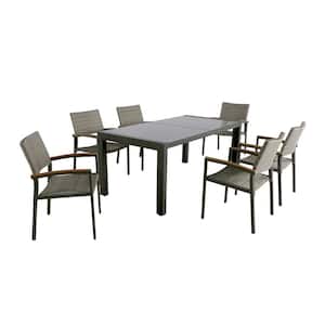 Luton Grey 7-Piece Aluminum and Faux Rattan Outdoor Dining Set with Glass Table Top