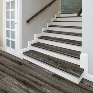 Luxury Vinyl Stair Tread and Riser Combo by Lucida USA Obsidian Waterproof MaxCore Scratch and Scuff Resistant Glue Down Wood-Look Stair Treads Cover and Stair Riser