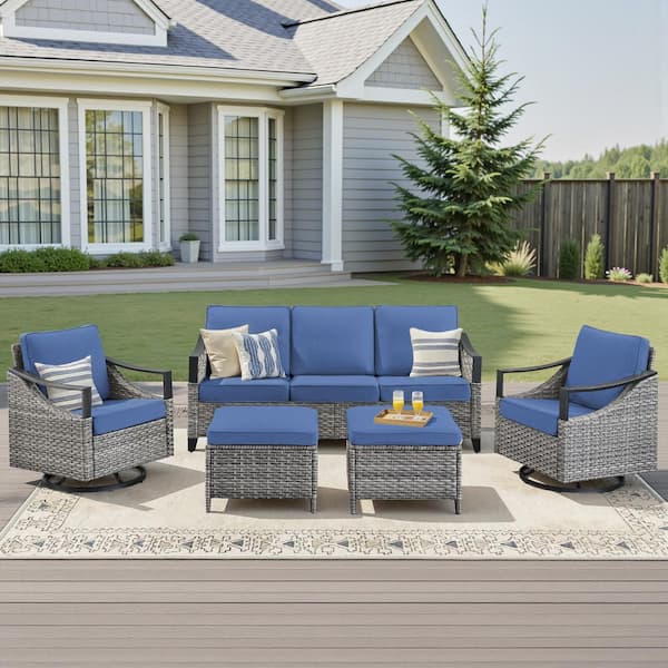 5-Piece Metal and Wicker Patio Conversation Set Outdoor 24 in. Deep Seating Sofa Set with Blue Cushions