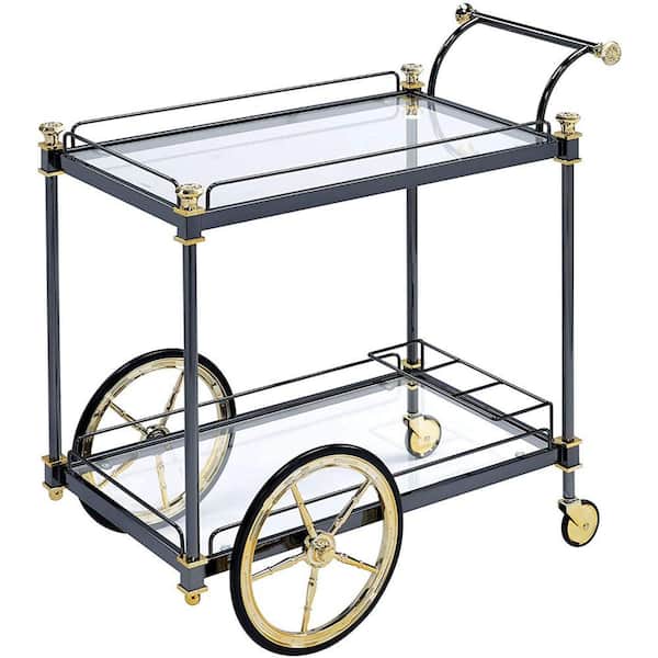 Benjara Black and Gold Metal Framed Serving Cart with Glass Shelves and Side Handle