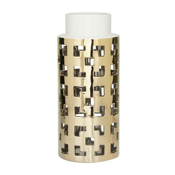 Litton Lane 14 in. Gold Ceramic Decorative Vase with Gold Cut Out Accents