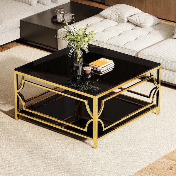 JUJABU 33.5 in. Black Square Glass Coffee Table with Gold Finish