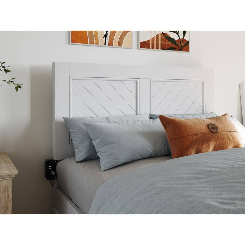 White Twin XL Wood Platform Bed with Chevron Headboard and Storage Drawers