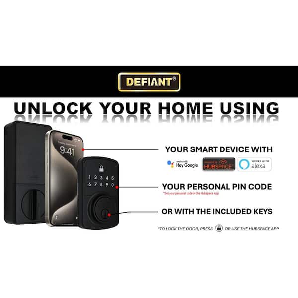 Defiant - Square Compact Matte Black Electronic Single Cylinder Deadbolt Wi-Fi Enabled Powered by Hubspace