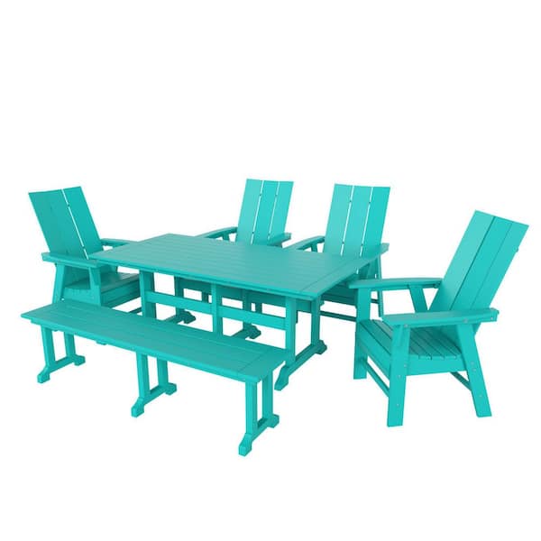 Shoreside Outdoor Patio Weather Resistant Turquoise 6-Piece HDPE Plastic Adirondack Dining Set with Bench