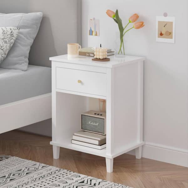 Rex Modern White 1-Drawer MDF Wood Nightstand with Open Shelf and Golden Handle