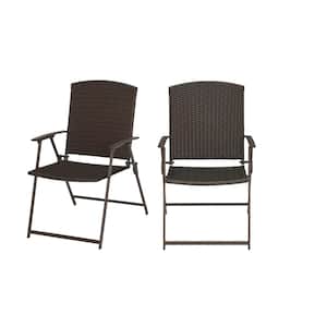 Mix and Match Folding Wicker Steel Outdoor Patio Dining Chair in Dark Taupe (2-Pack)