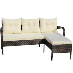 2-Piece Brown Rattan Wicker Outdoor Sectional Sofa Set with Beige Cushions
