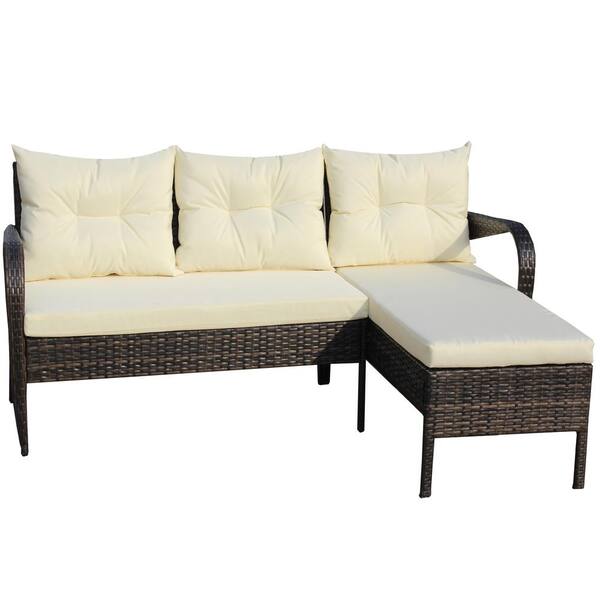 Unbranded 2-Piece Brown Rattan Wicker Outdoor Sectional Sofa Set with Beige Cushions