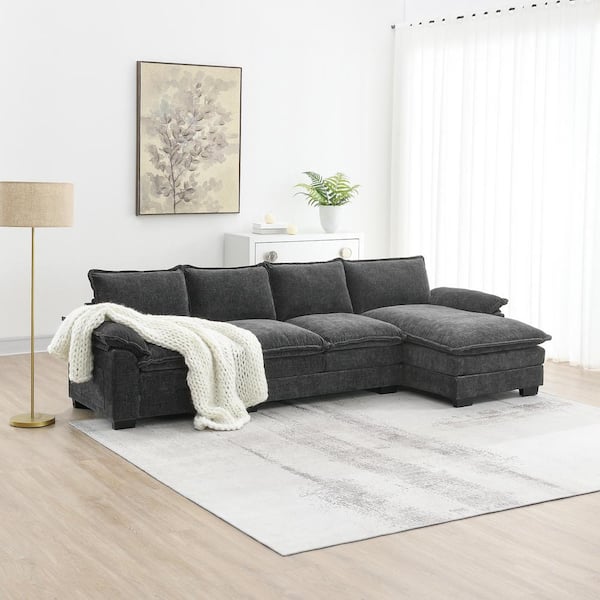 118 in. L-Shaped Chenille Sectional Sofa in. Gray with Double Seat Cushions