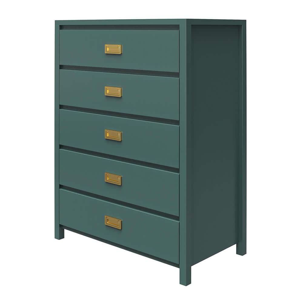 Hunter Green Vertical 5-Drawer Kids' Dresser with Gold Pulls
