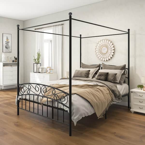 Westsky 59.84 in. Wide Queen-Size Canopy Bed Frame Black Metal 4 Poster Mattress Foundation Modern Post Corner With Headboard
