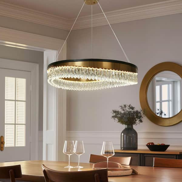 LNC Delphinium 1-Light Dimmable Integrated LED Matte Black and Plating Brass Crystal Wagon Wheel Chandelier for Living Room