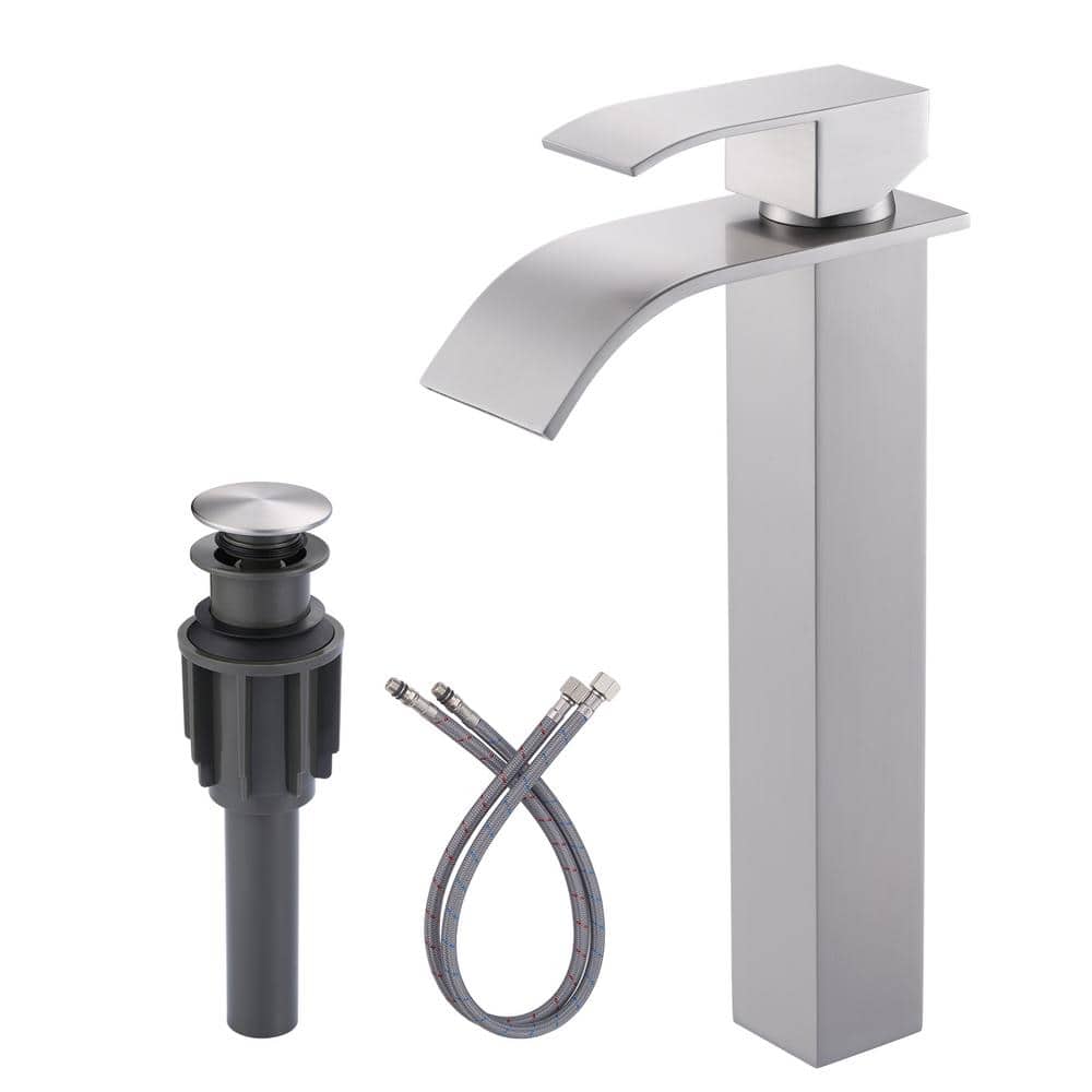 Brushed Nickel Single Handle Waterfall Bathroom Faucet with Pop Up Drain