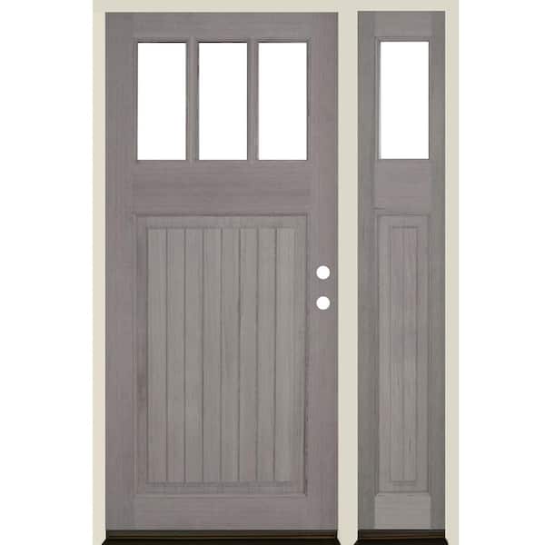 Krosswood Doors 36 in. x 80 in. Craftsman 3-Lite Clear Glass VG Grey Stain Left Hand Hemlock Wood Prehung Front Door w/RSL