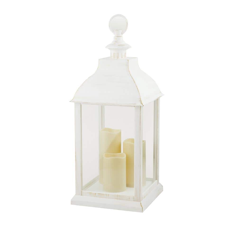 22 in. Tall Outdoor Battery-Operated Lantern with LED Lights, White