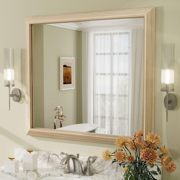 40 in. W x 36 in. H Rectangular Aluminum Alloy Framed & Tempered Glass Wall Bathroom Vanity Mirror in Light Yellow Wood