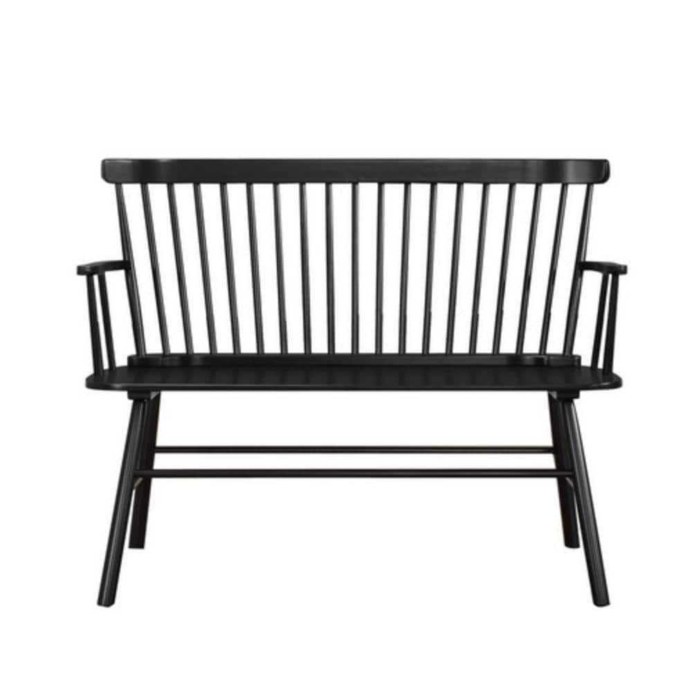 Transitional Black Wooden Spindle Back Bench with Splayed Legs