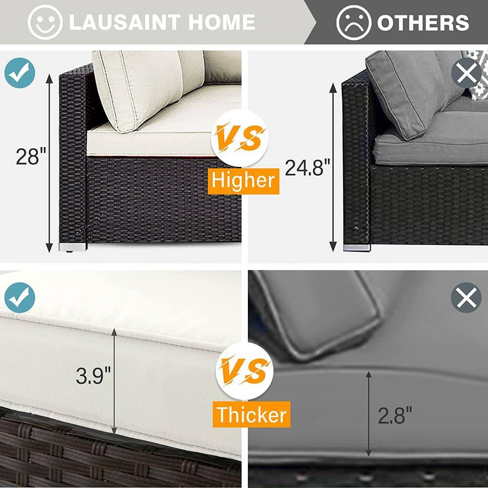 Beige Cushioned 7-Piece Black Wicker Outdoor Sectional Set