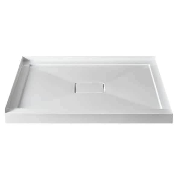 NTQ 42 in. x 34 in. Double Threshold Shower Pan Corner Shower Pan Base in White with Center Drain and Magnetic Cover