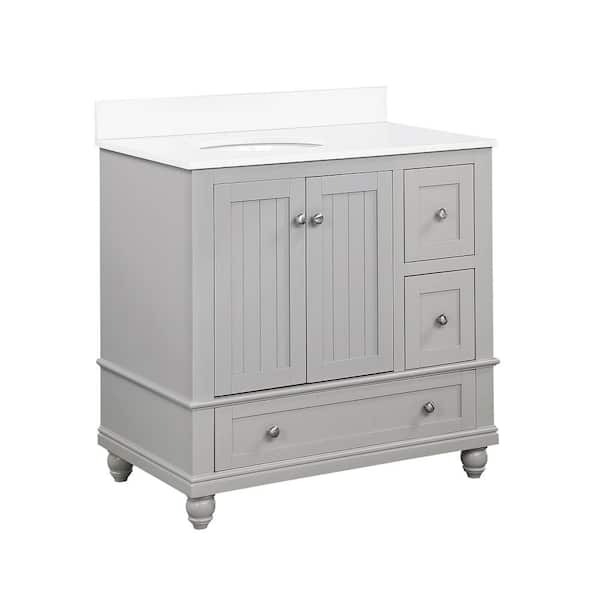 null Tehila 36 in. Bathroom Vanity in Gray with Composite Granite Vanity Top in White with Ceramic Oval Sink and Backsplash