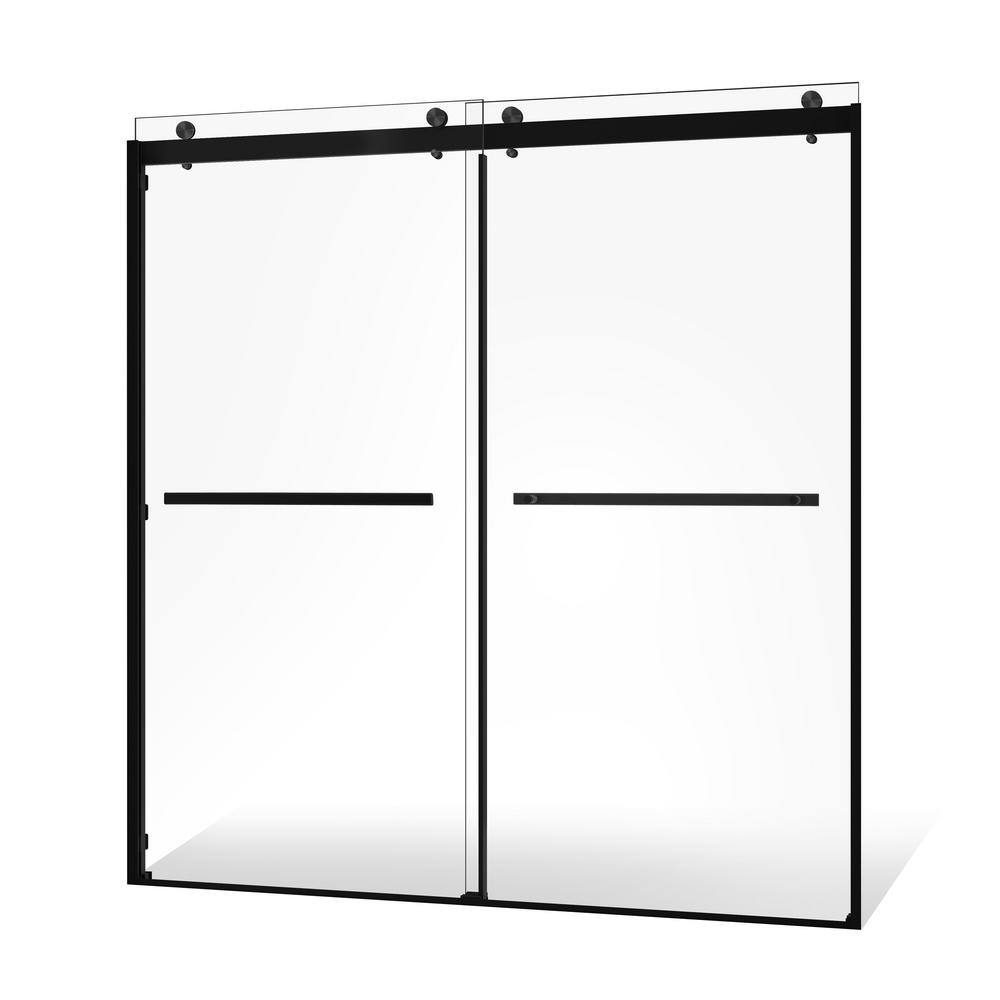 Matte Black Frameless Double Sliding Shower Door with Clear Tempered Glass