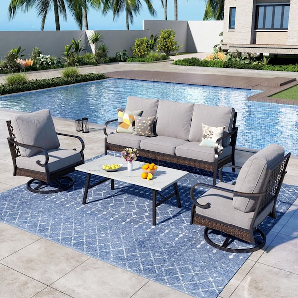 PHI VILLA 4-Piece Black Metal Outdoor Patio Conversation Set with Swivel Chairs, Marbling Coffee Table and Light Gray Cushions