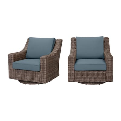 Rock Cliff Brown Wicker Outdoor Patio Swivel Rocking Chair with Sunbrella Denim Blue Cushions (2-Pack)