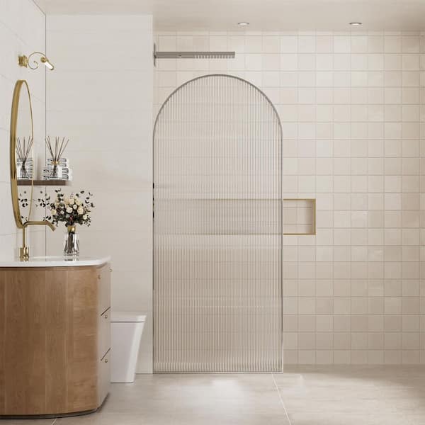 CASAINC 34in W x 78in H Framed Fixed Curved Design Shower Screen Door in Chrome Finish with 3/8 in. Fluted Glass