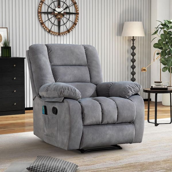 Gray Overstuffed Fabric Recliner Chairs with 8-Point Vibration Massage Manual Pull Recliner with Time Setting