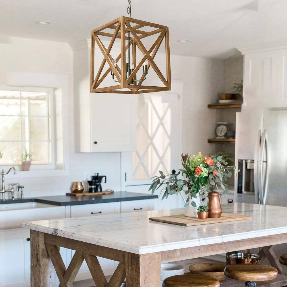 Natural Brown Wood and Metal Cage Chandelier, 4-Bulb