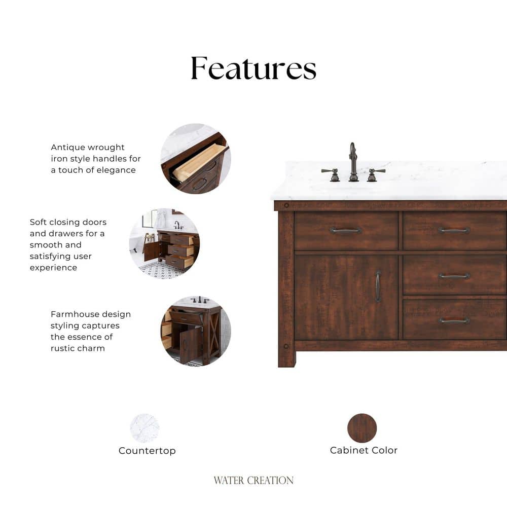 Aberdeen 72" Double Sink Rustic Sierra Vanity with Carrara White Marble Top